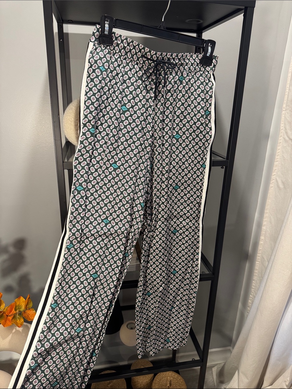 Maje Black Geometric Print Track Pants with White Side Stripes